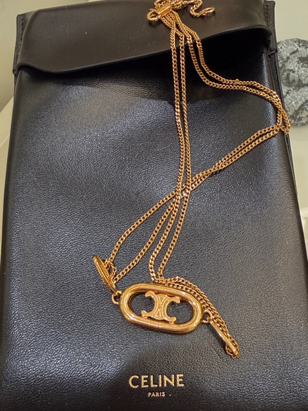 Celine classic Triomphe Gold Tone Double Chain Necklace with Center Oval Link